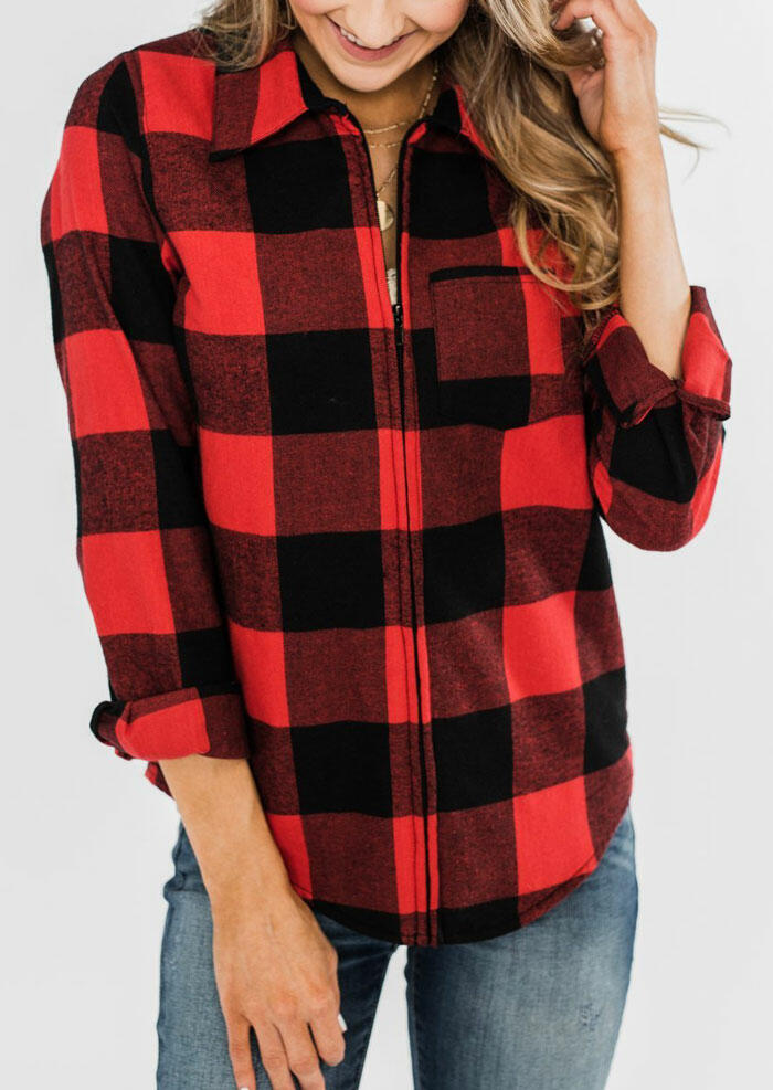 Plaid Pocket Zipper Long Sleeve Coat without Necklace - Red