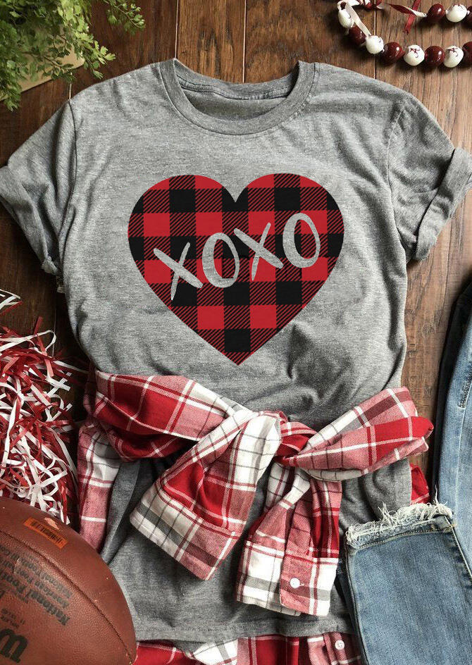 Plaid Heart Xoxo T-Shirt Tee - Gray