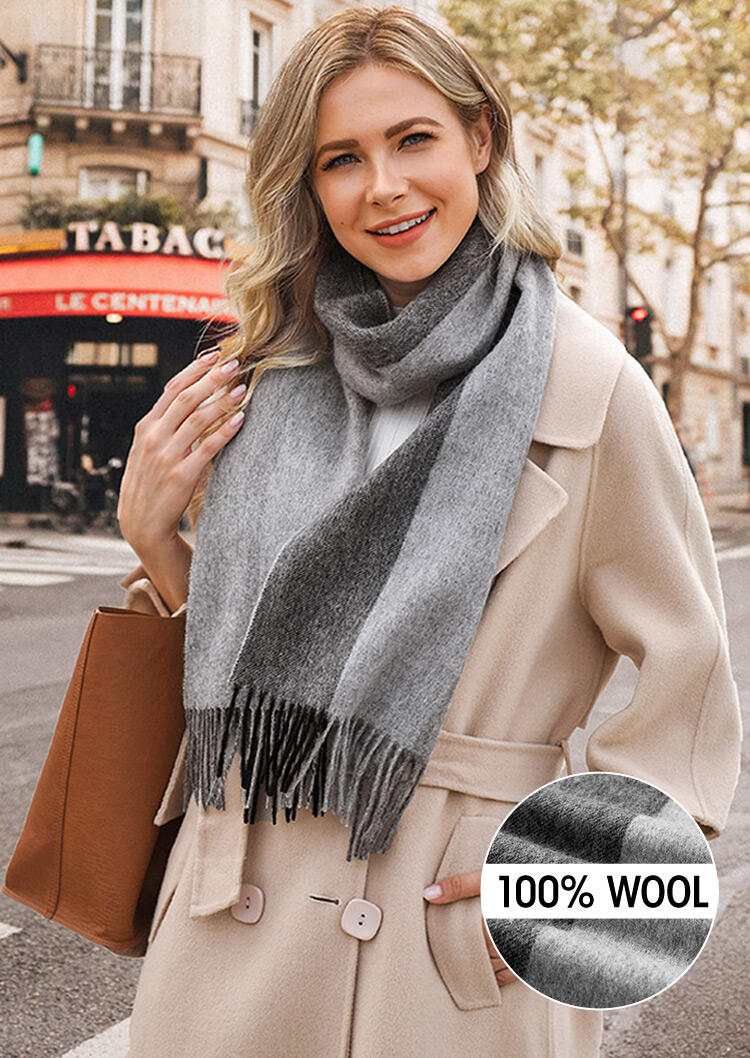 

Feelily Striped Color Block Tassel Soft 100% Wool Scarf, Gray, 455448