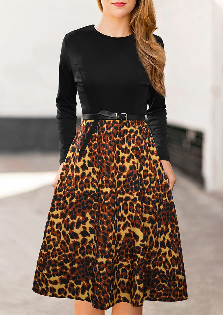 

Leopard Printed Splicing Mini Dress, Black, 460944