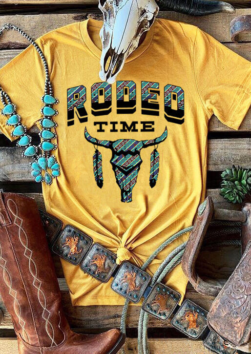 

Rodeo Time Steer Skull Feather T-Shirt Tee - Yellow, 461298