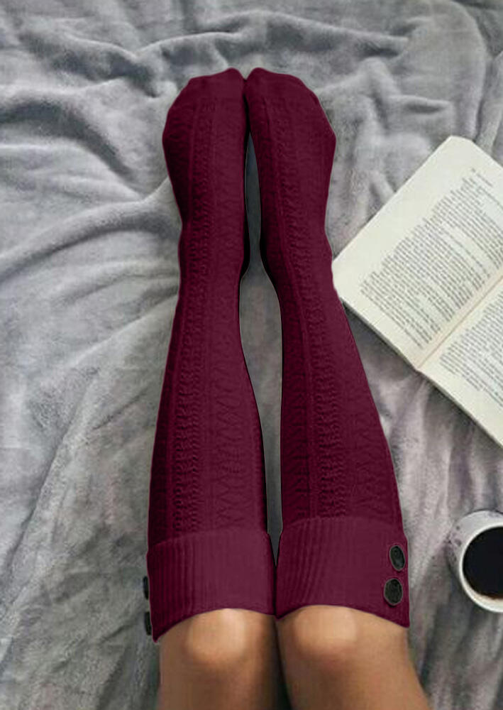 Solid Button Warm Thigh-High Crimping Socks