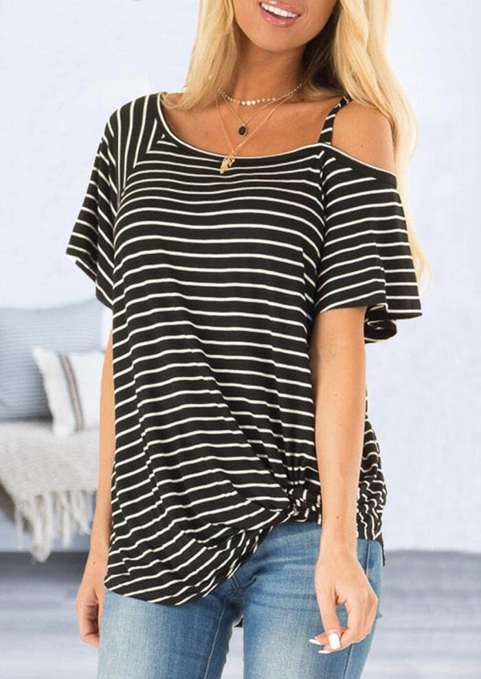 Striped One Shoulder T-Shirt Tee without Necklace - Black - Bellelily