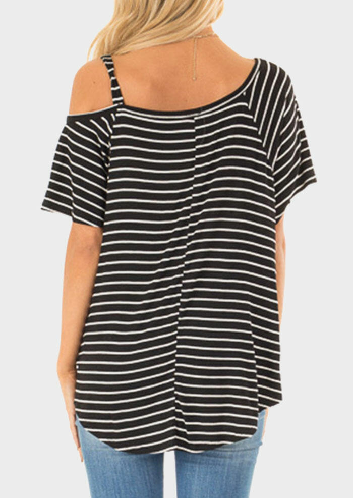 Striped One Shoulder T-Shirt Tee without Necklace - Black - Bellelily