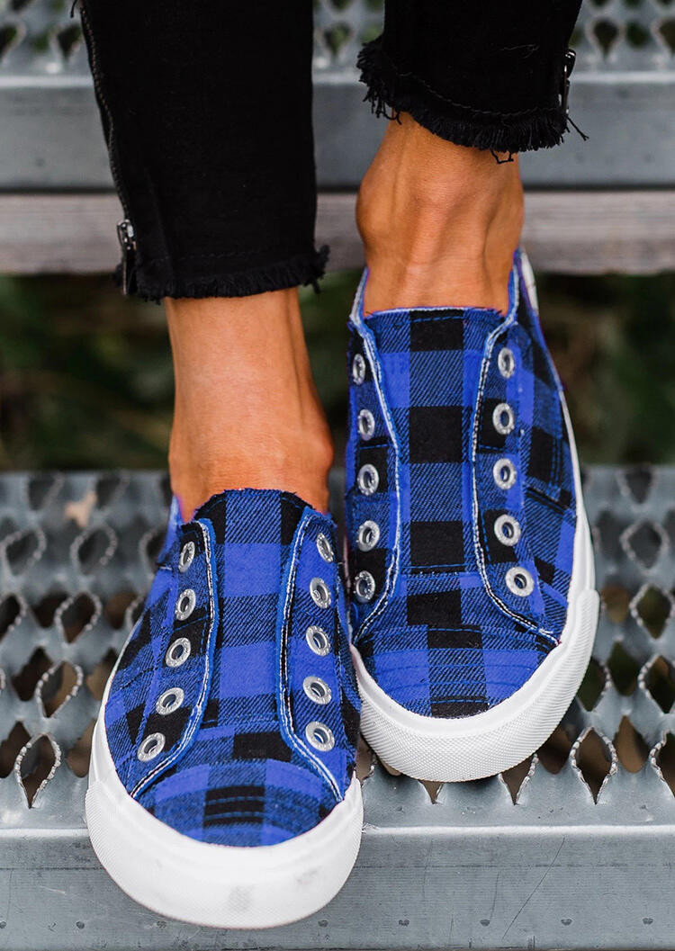 

Plaid Slip-On Round Toe Flat Sneakers - Blue, 461793