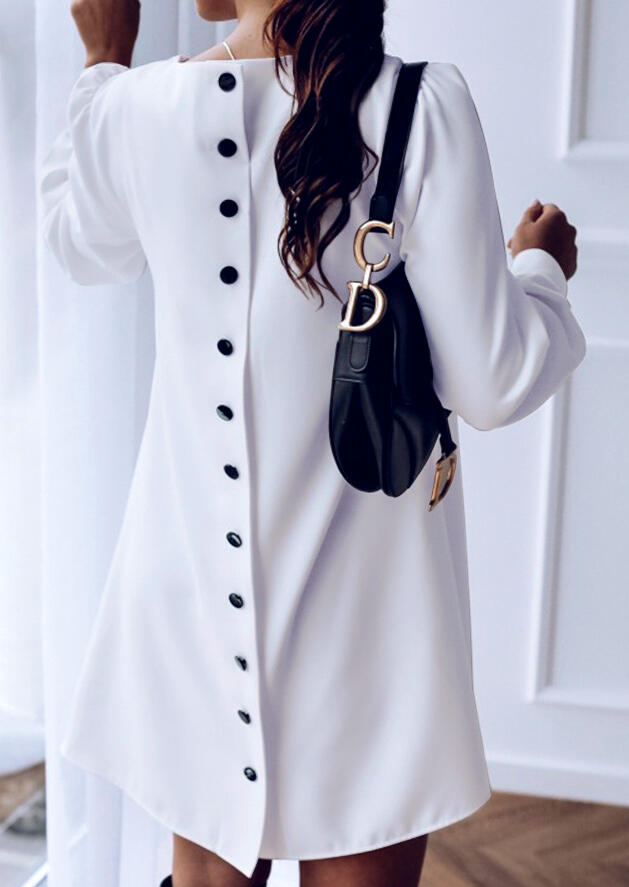 

Back Button O-Neck Mini Dress - White, 461764