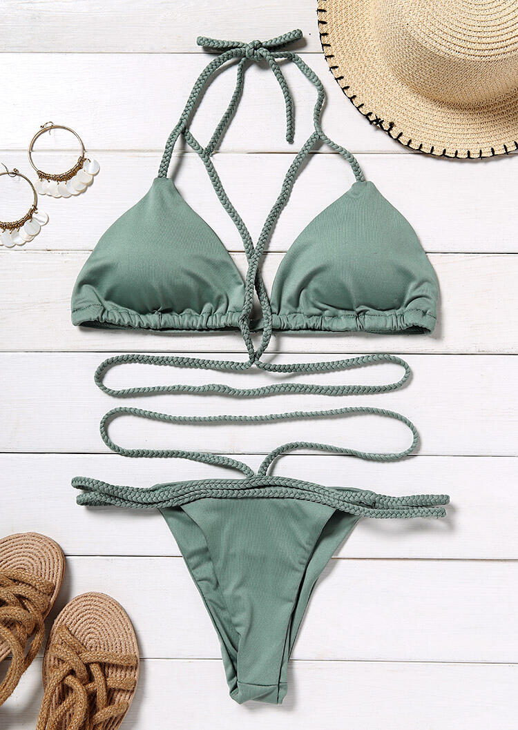 Criss Cross Tie Halter Bikini Set Without Necklace Light Green Bellelily