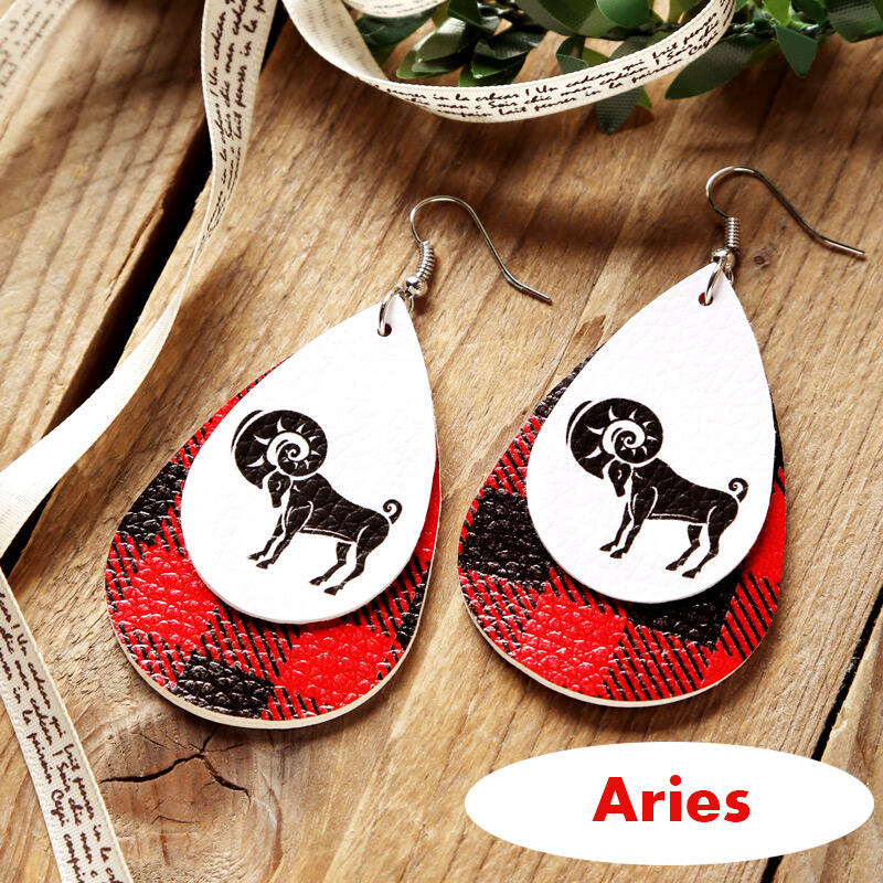 

Plaid Printed 12 Constellation Dual-layered PU Leather Earrings, #1, 461719