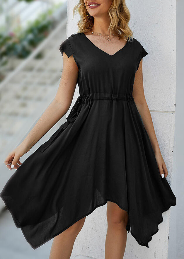 Irregular Drawstring Midi Dress without Necklace - Black