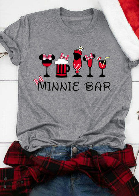 

Plaid Printed Splicing Drink Bar T-Shirt Tee - Gray, 461602