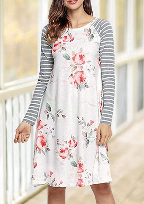 

Floral Striped Splicing O-Neck Casual Dress - White, 460294