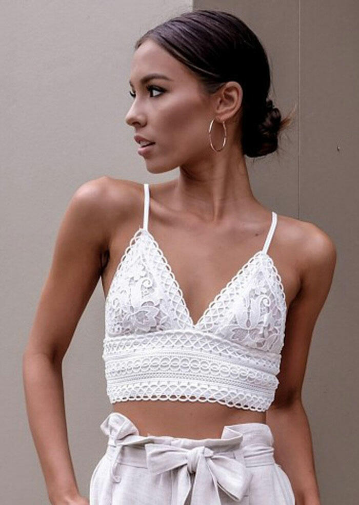 

Lace Splicing V-Neck Crop Top - White, 462208