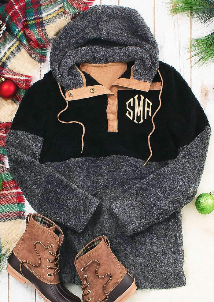 

Monogrammed Button Drawstring Plush Hoodie - Dark Grey, 461724
