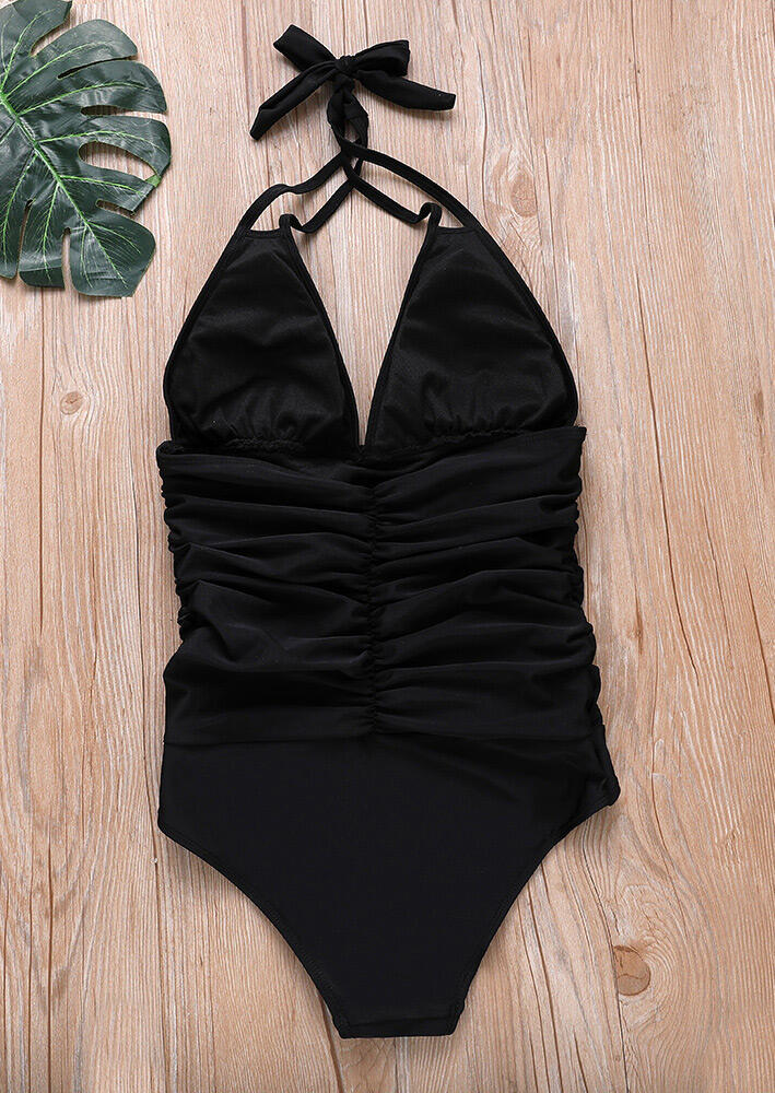 Ruffled Halter Tie OnePiece Swimsuit Black Bellelily
