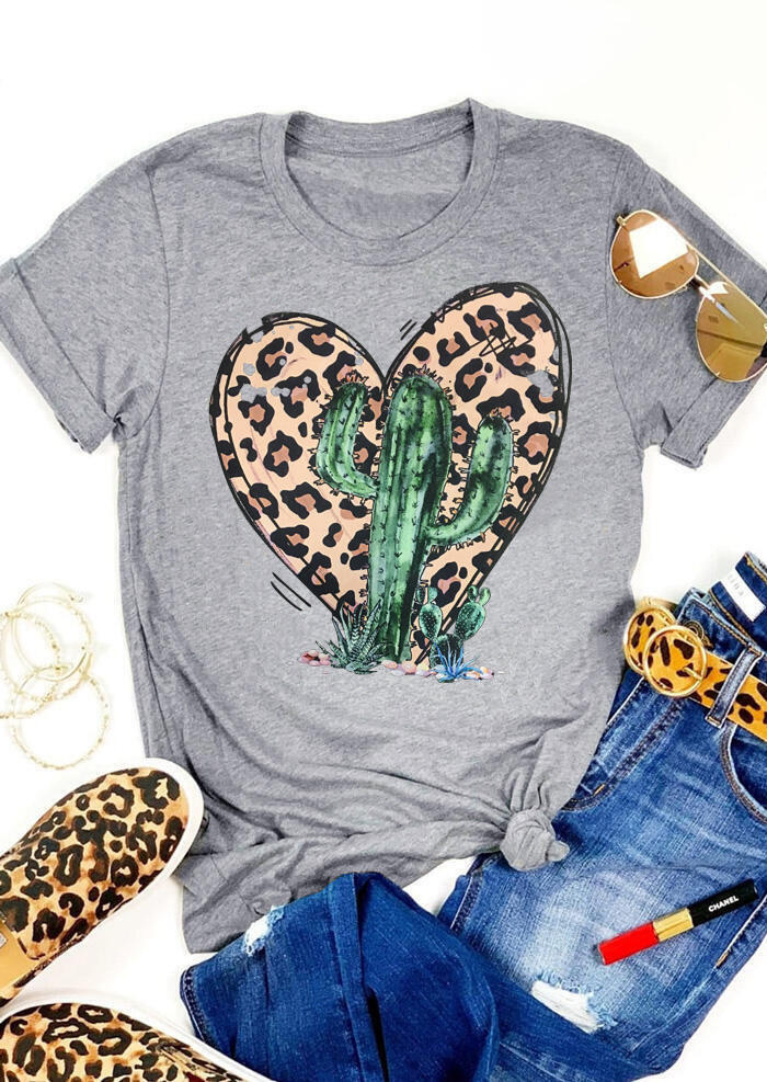 

Leopard Printed Cactus Heart O-Neck T-Shirt Tee - Gray, 462387