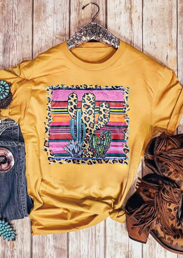 

Leopard Printed Cactus O-Neck T-Shirt Tee - Yellow, 462432