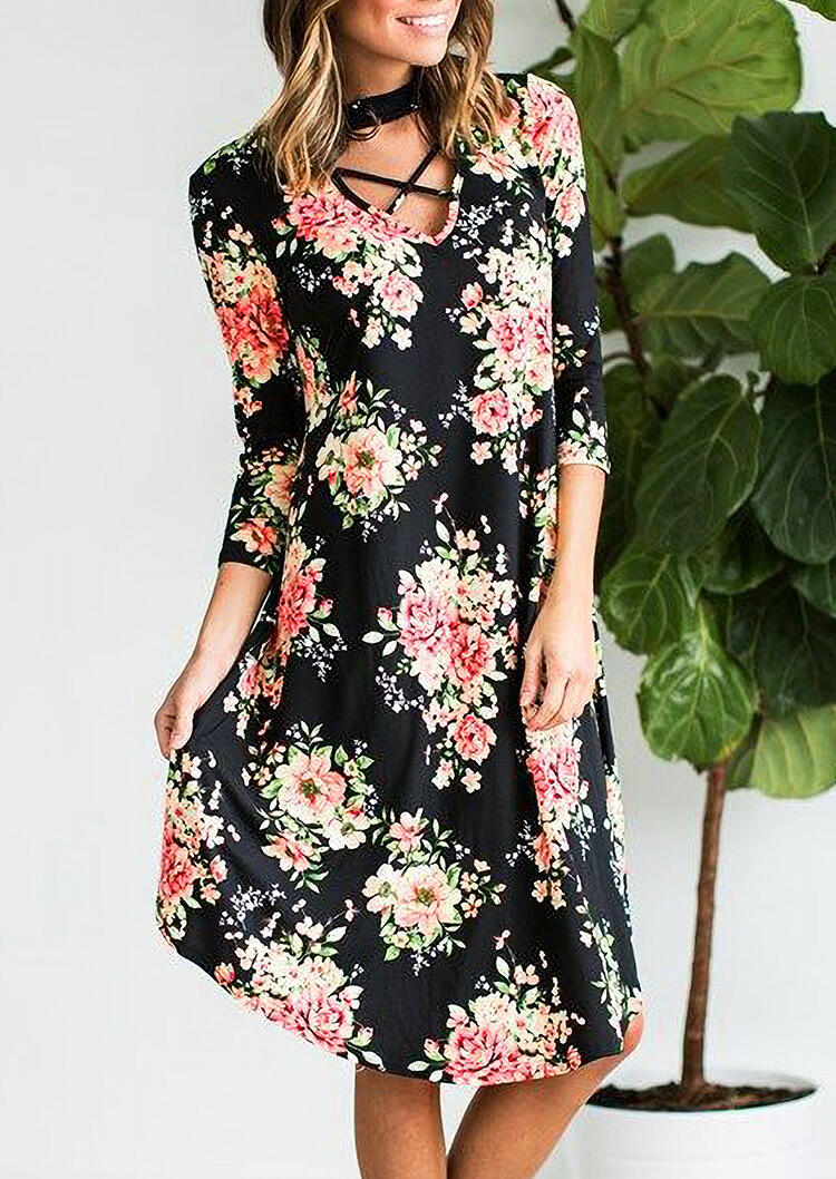 

Floral Criss-Cross Halter Casual Dress - Black, 462520
