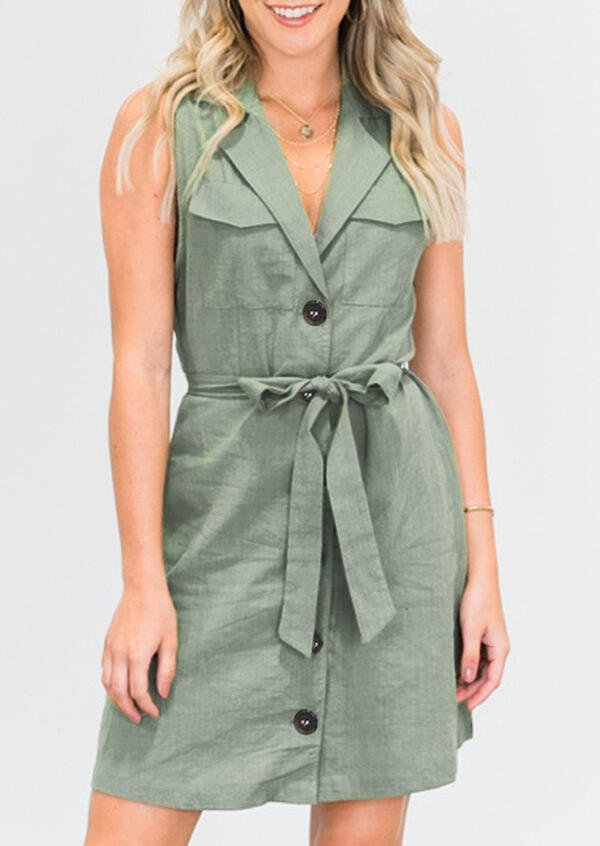 

Button Pocket Tie Mini Dress without Necklace - Light Green, 462542