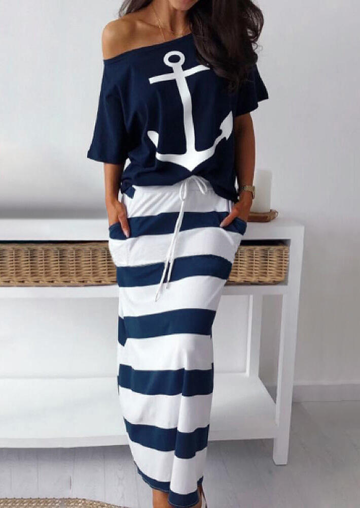 

Anchor Blouse + Striped Long Skirt Outfit without Necklace - Navy Blue, 462592