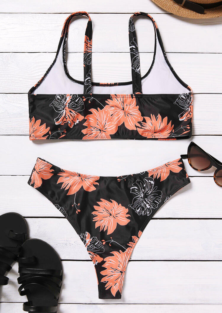 Floral Mid Waist Bikini Set Black Bellelily