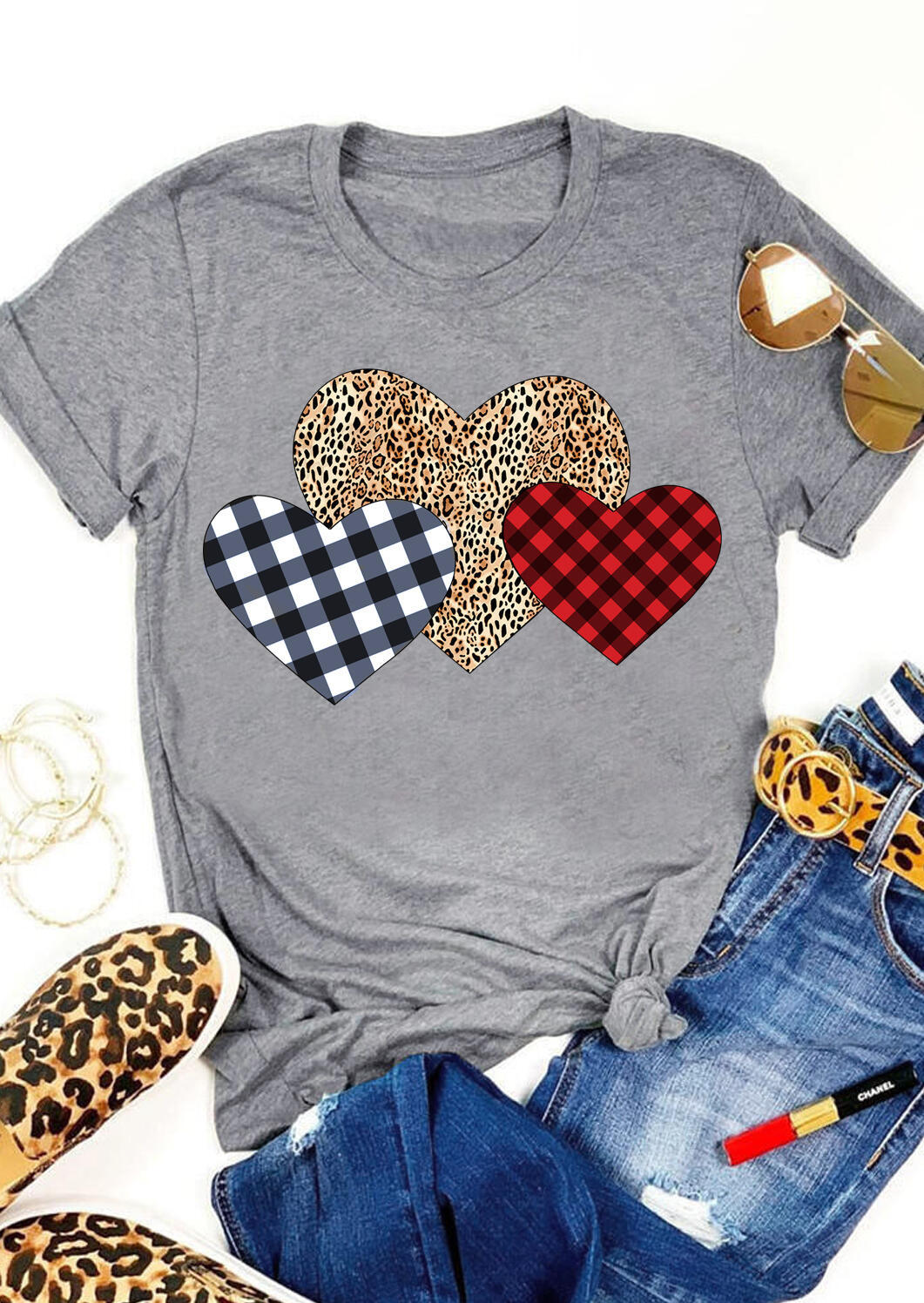 Plaid Leopard Printed Splicing Heart T-Shirt Tee - Gray