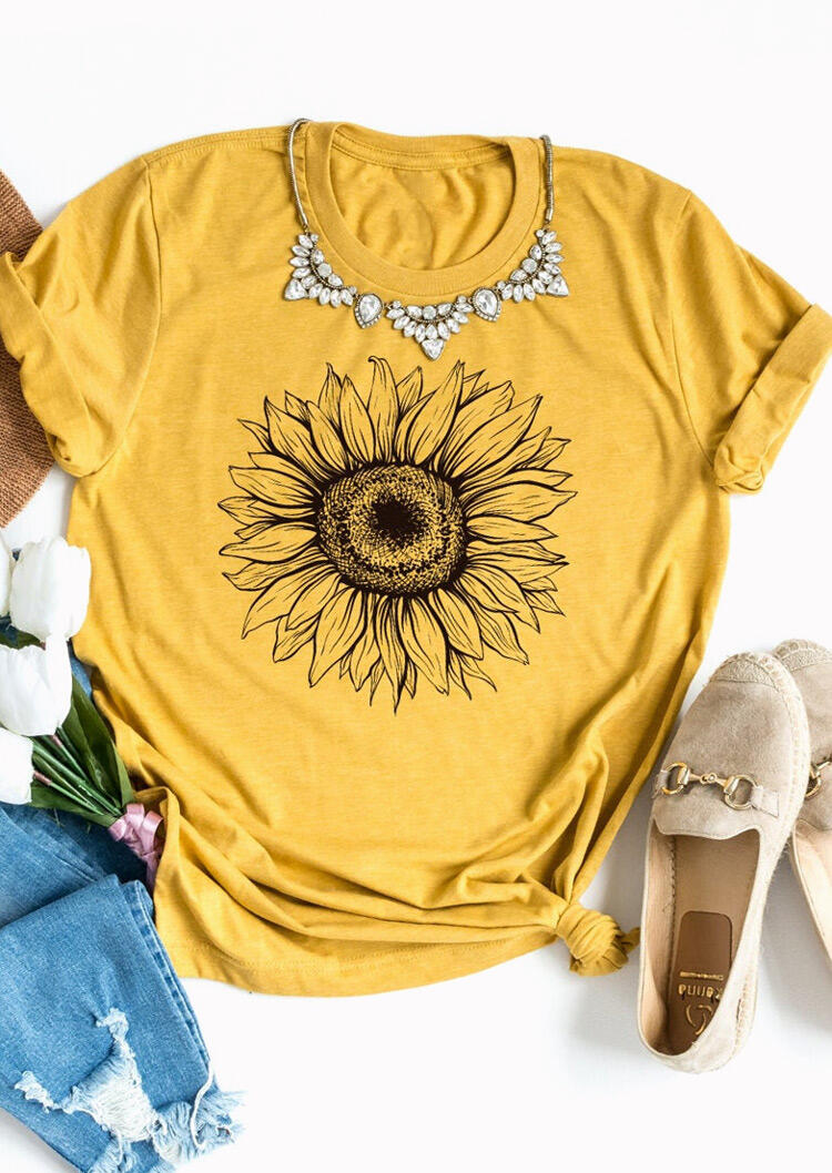 

Sunflower O-Neck T-Shirt Tee without Necklace, Yellow, 463155