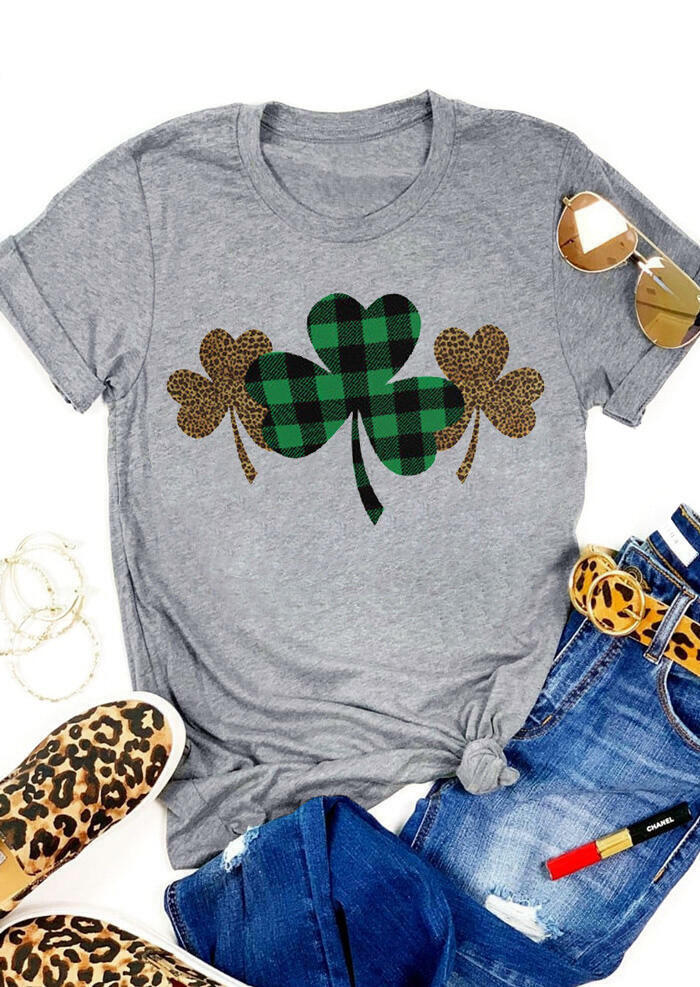 Plaid Leopard Printed Lucky Shamrock T-Shirt Tee - Gray