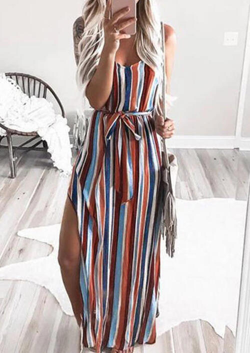 Colorful Striped Slit Spaghetti Strap Maxi Dress