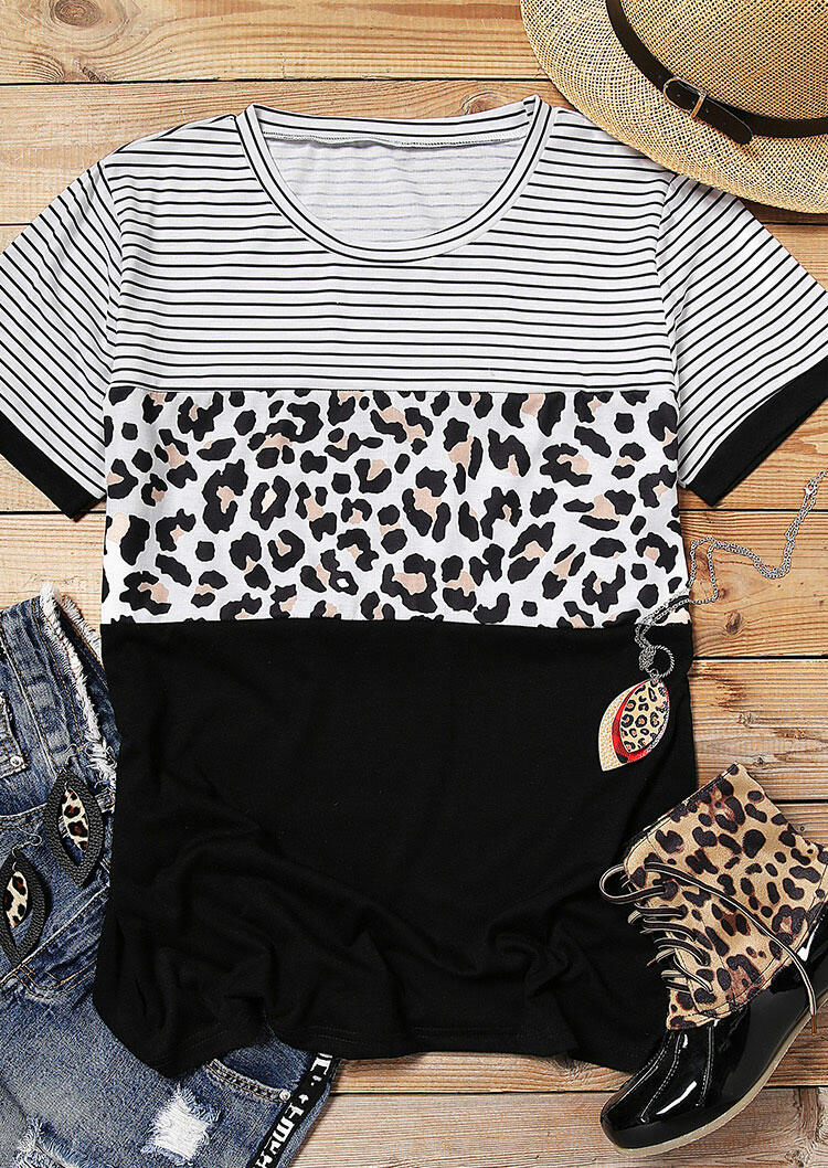 Leopard Printed Striped Splicing T-Shirt Tee - Black