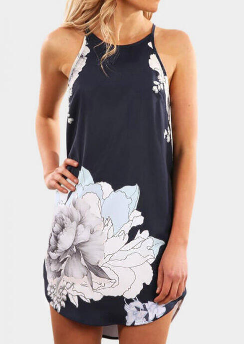 Floral Sleeveless Mini Dress - Navy Blue