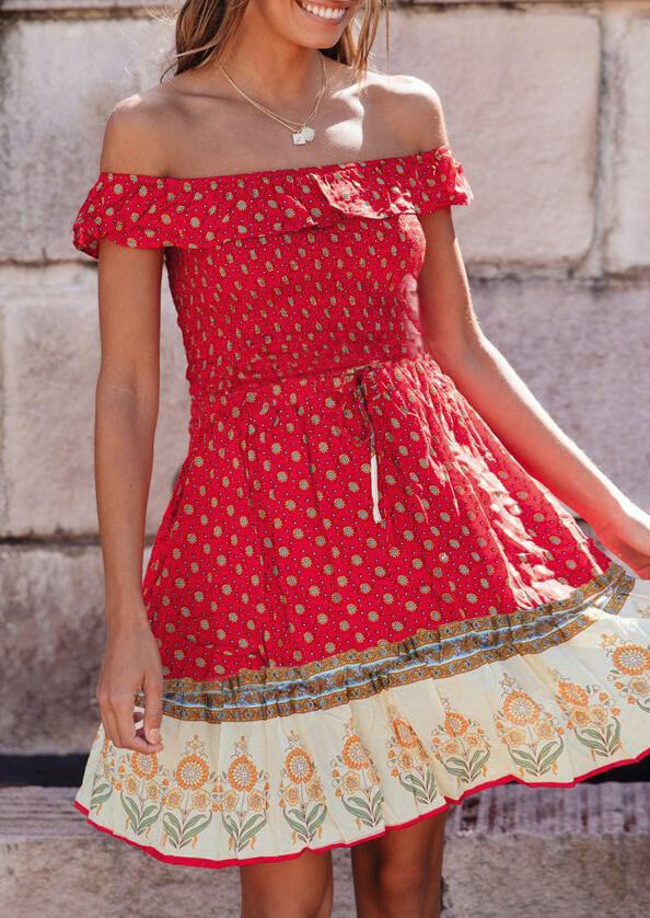 

Floral Tie Off Shoulder Mini Dress without Necklace - Brick Red, 463060