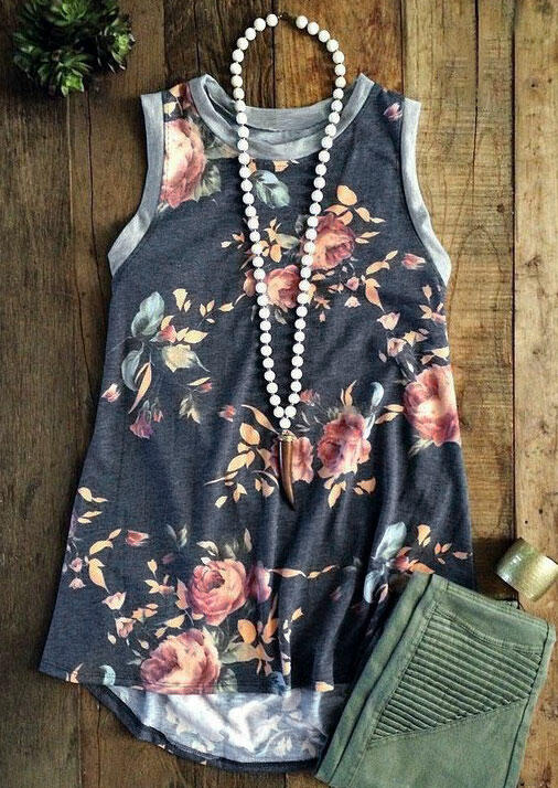 

Floral O-Neck Tank without Necklace - Blue, 463262