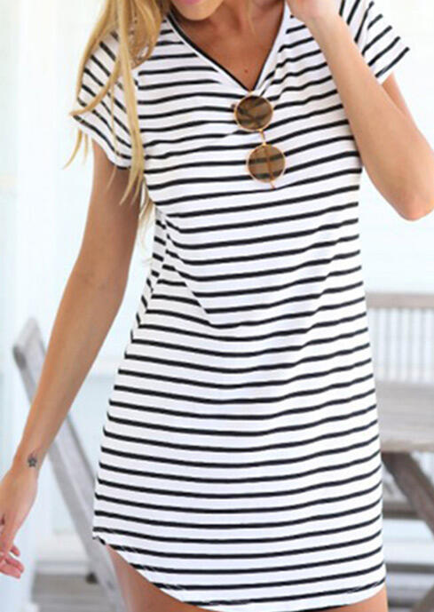 

Striped V-Neck Mini Dress without Sunglasses - White, 48899