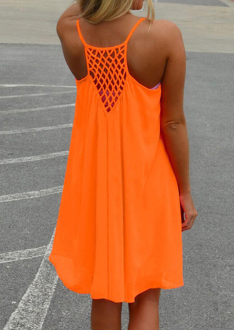 

Solid Splicing Hollow Out Spaghetti Strap Mini Dress, Orange, 73674