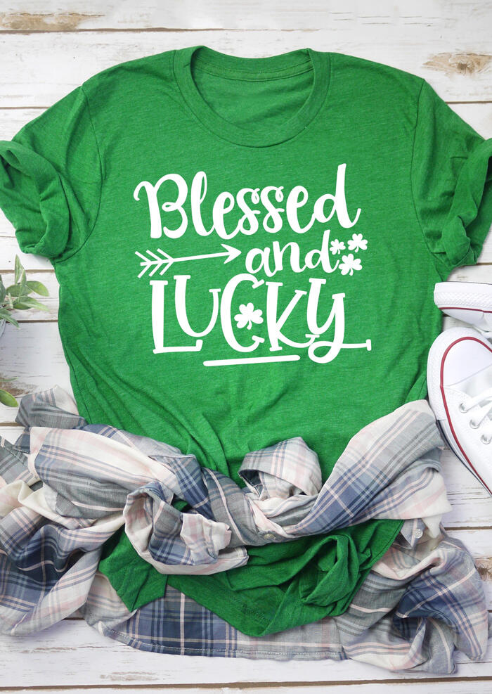 Blessed And Lucky Shamrock O-Neck T-Shirt Tee - Green