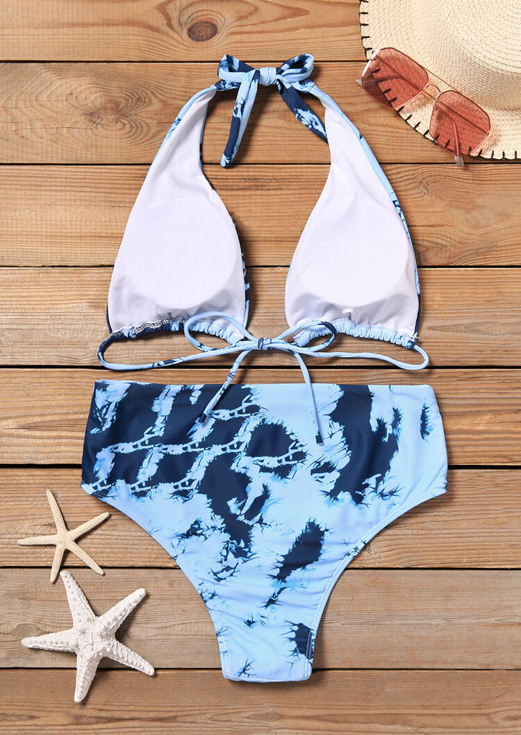 Printed Halter Bikini Set - Blue - Bellelily
