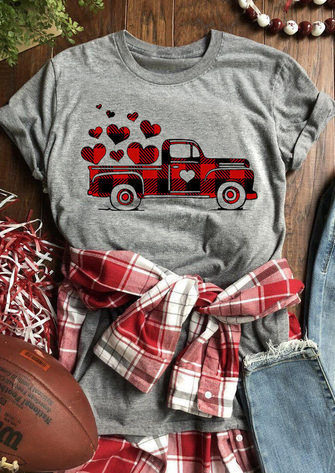

Plaid Truck Heart T-Shirt Tee - Gray, 464084