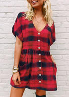 Plaid Pocket Button Mini Dress without Necklace - Red