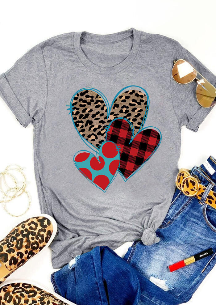 

Plaid Leopard Printed Heart T-Shirt Tee - Gray, 464162