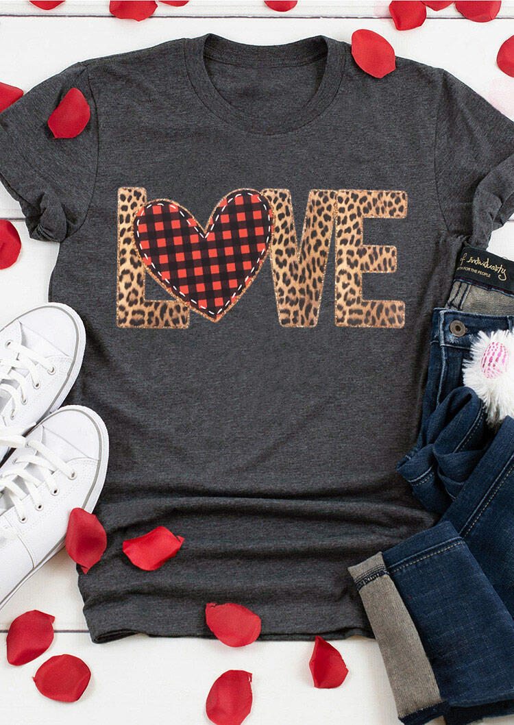 Kaufen Plaid Leopard Printed Love Heart T-Shirt Tee - Gray. Bild