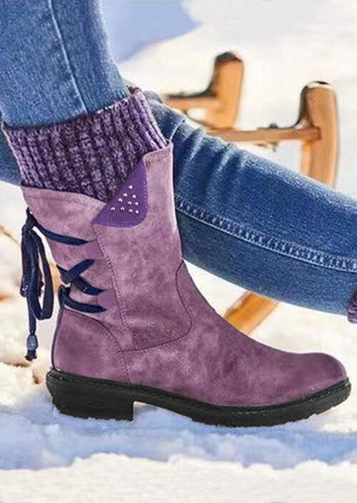 

Warm Lace Up Zipper Rivet Splicing Knitting Boots, Purple, 461721