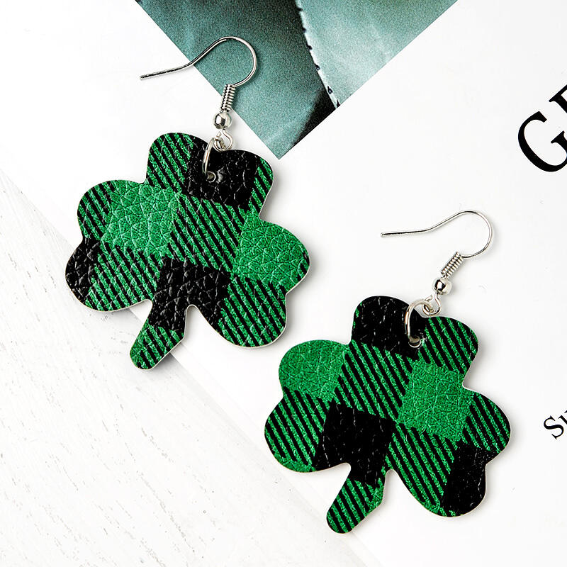 

St. Patrick's Day Plaid Printed Lucky Shamrock Earrings, Green, 464208
