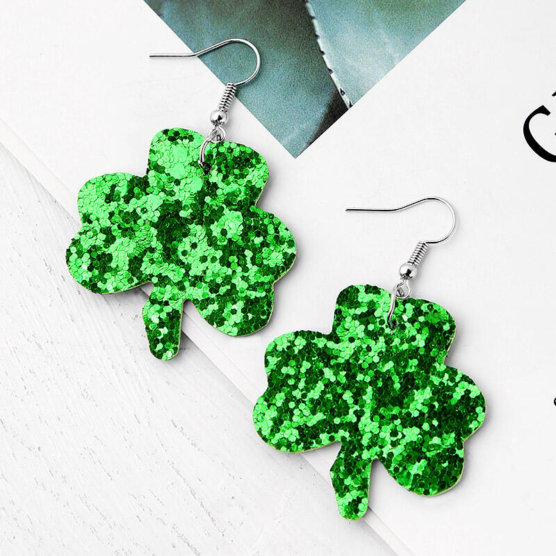 

Sequined Lucky Shamrock Earrings, Green, 464209