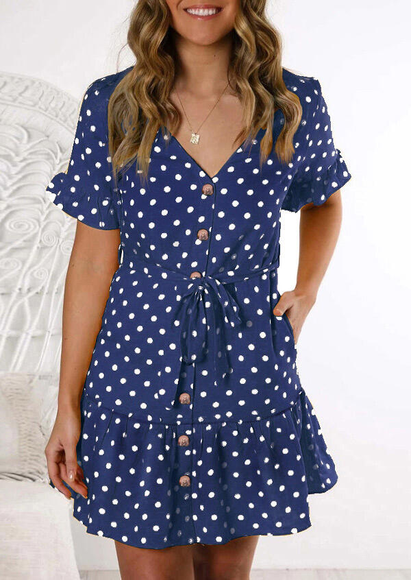 Polka Dot Ruffled Mini Dress without Necklace - Navy Blue