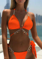 Rhinestone Starfish Tie Halter Bikini Set without Necklace - Orange