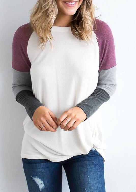 

Color Block Long Sleeve Blouse, Gray, 413006