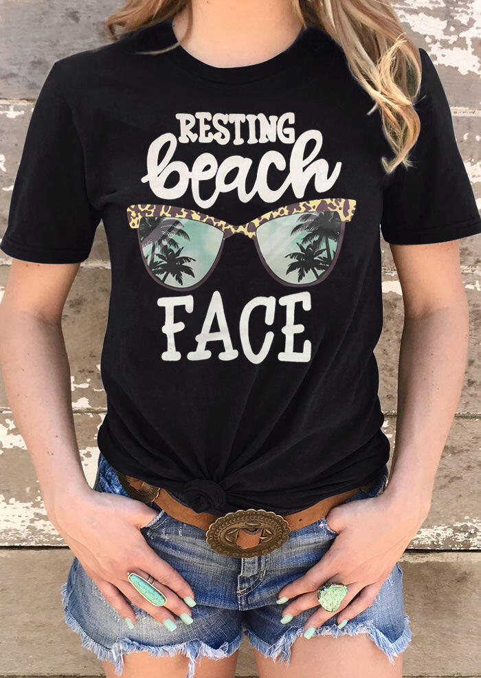 

Leopard Glasses Resting Beach Face T-Shirt Tee - Black, 462090