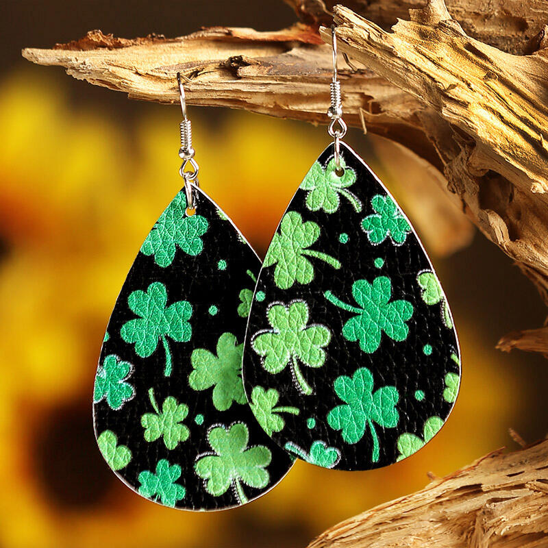 

St. Patrick's Day Lucky Shamrock PU Leather Earrings - Dark Green, 464195