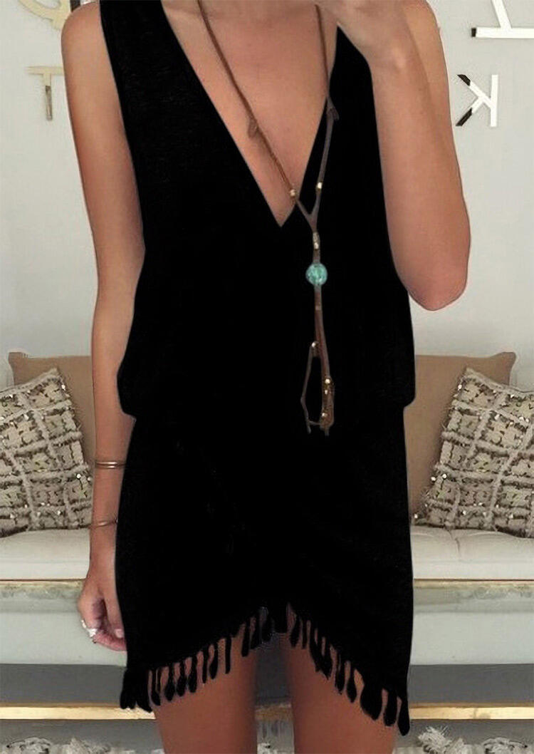

Solid Tassel Irregular Ruffled Mini Dress without Necklace, Black, 70979