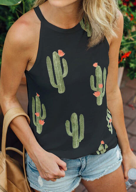 

Cactus Printed Sleeveless Tank, Black, 130406